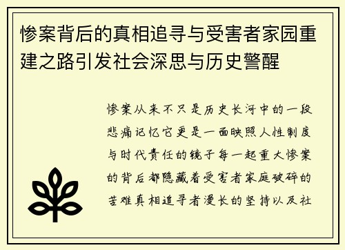 惨案背后的真相追寻与受害者家园重建之路引发社会深思与历史警醒